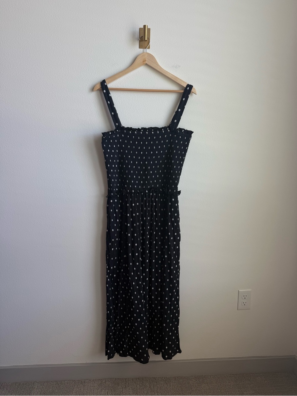 Aerie At the Barre Smocked Midi Dress Black White Polka Dot Pockets XL - Picture 7 of 15